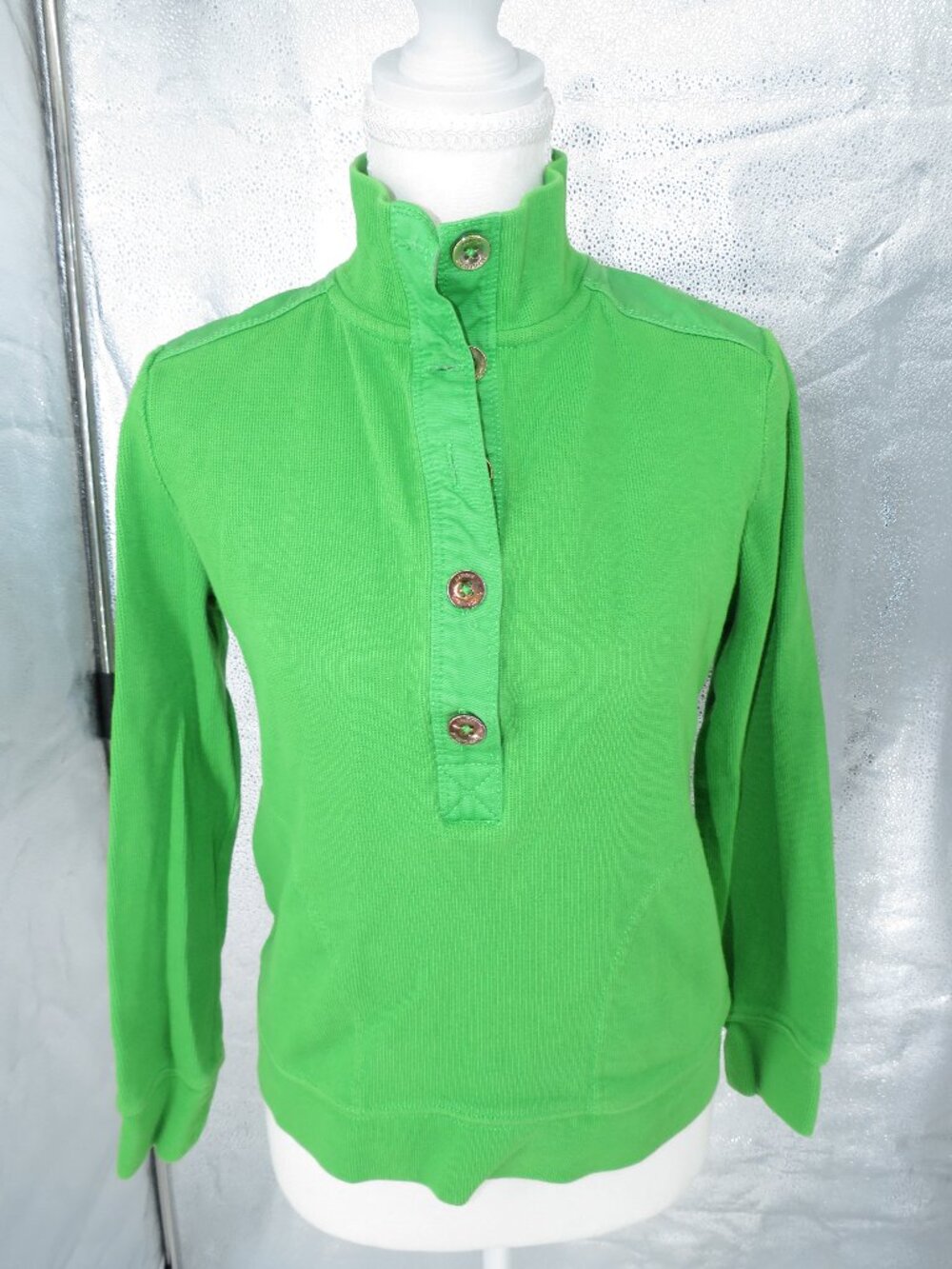 Lauren Ralph Lauren Sweatshirt Pullover Green Mock Neck Button Long Sleeve PS